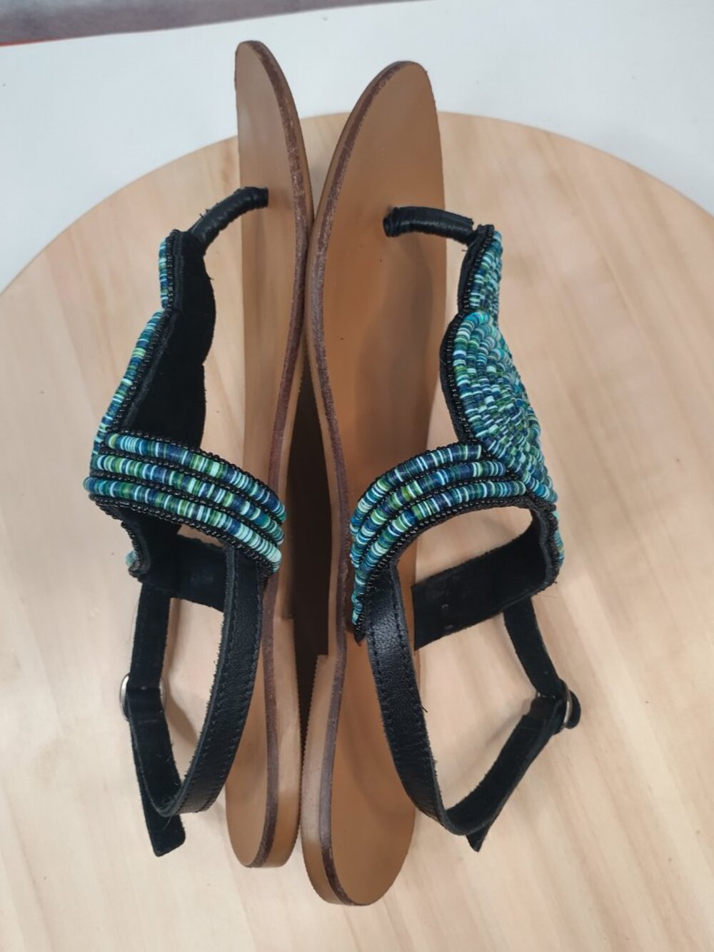 Sandals Blue & Green Beaded Leather Thong Strap Sandals Women US 9 - Picture 11 of 13